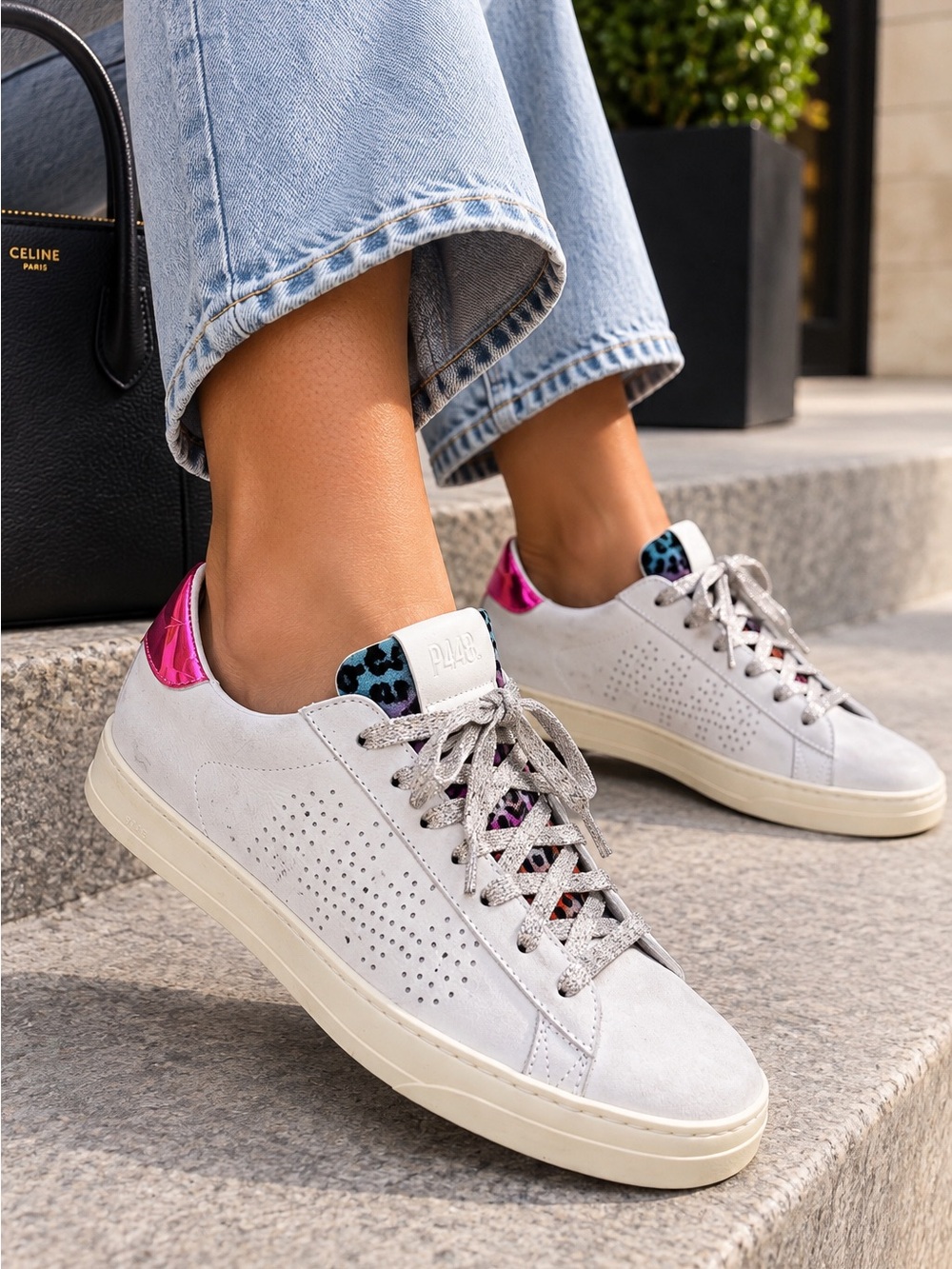 P448 White Leather Sneakers Pink Metallic Heel EU 41